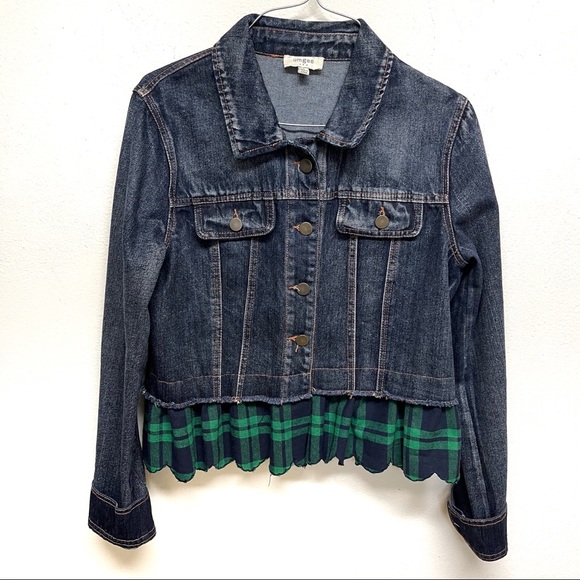 Umgee Jackets & Blazers - Umgee Denim Plaid Green Blue .Ruffle Hem Cropped Raw Hem Denim Jacket Small